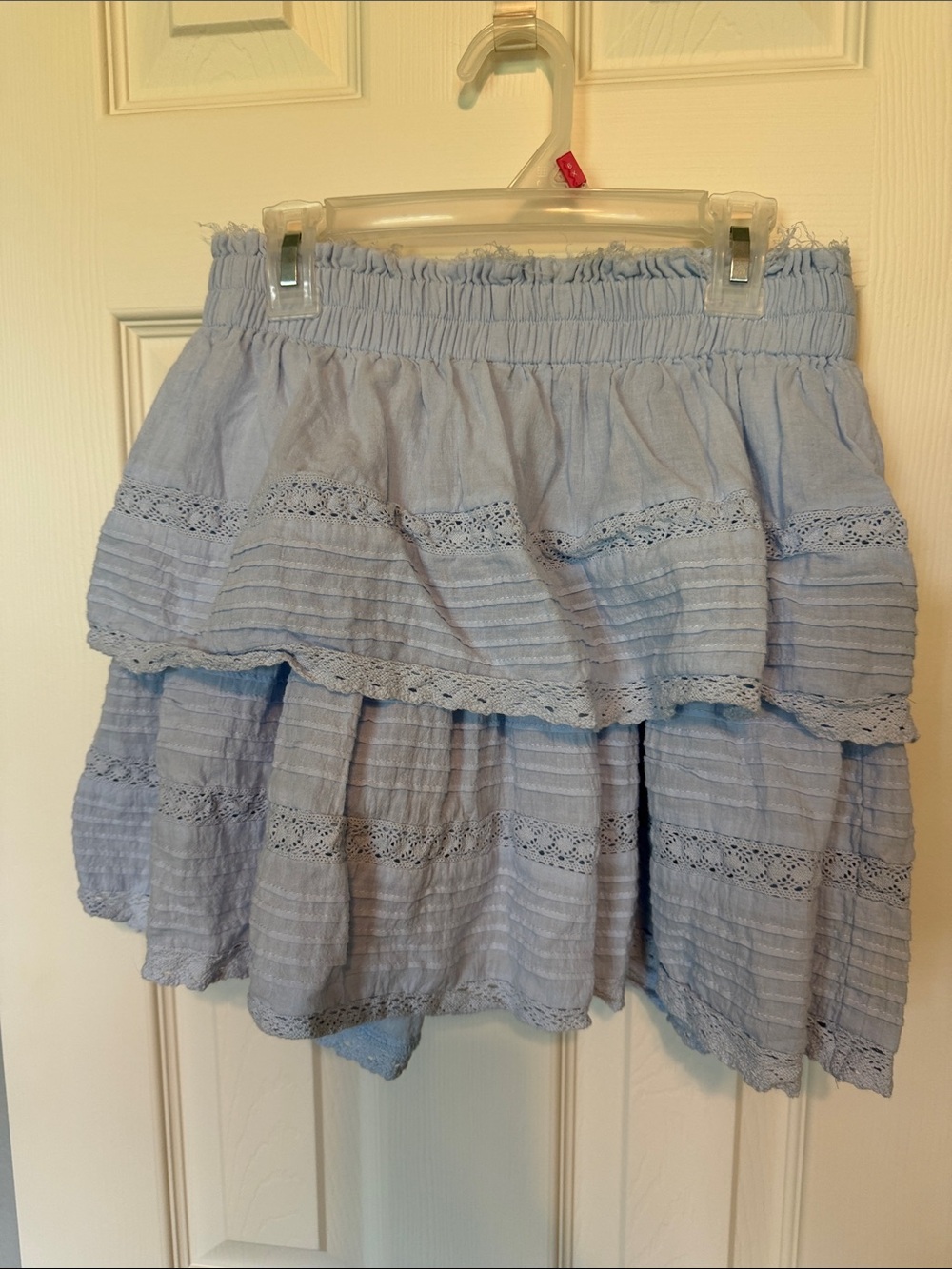 Women's Light Blue Tiered Lace-Trim Skater Skirt